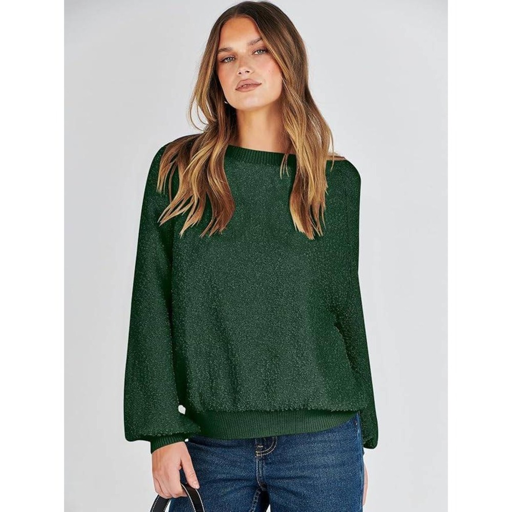 Green Boucle Knit Sweater Oversized Long Sleeve Crew Neck Pullover Top‎